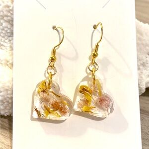 42. Handmade Gold Heart Resin Earrings with Pink & Yellow Flowers